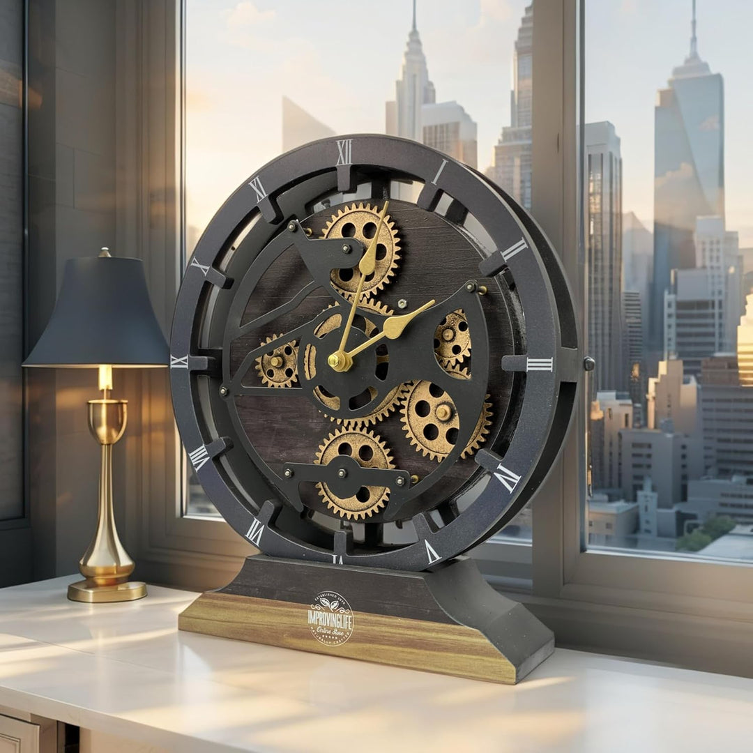 Schreibtischuhr 25,4 cm mit echten beweglichen Zahnrädern, umwandelbar in Wanduhr (Vintage-Schwarz)