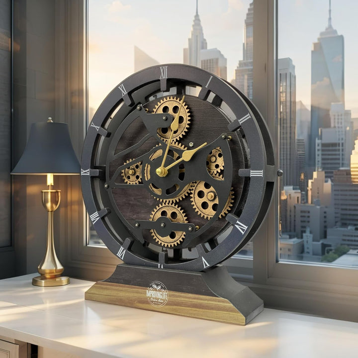 Schreibtischuhr 25,4 cm mit echten beweglichen Zahnrädern, umwandelbar in Wanduhr (Vintage-Schwarz)