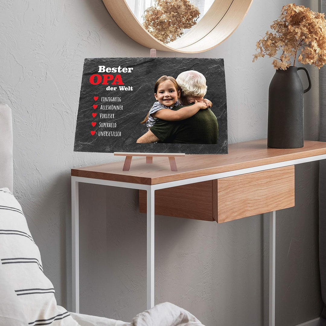 wandmotiv24 Schiefertafel Bester Opa mit Holz-Staffelei, Personalisiert mit Farb-Foto, Digitaldruck,