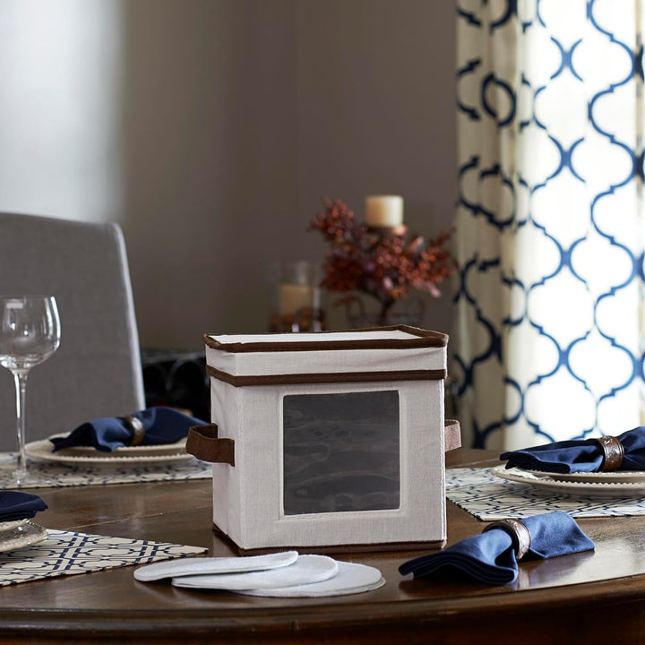 Household Essentials Dessert Plate or Bowl Storage Chest, Natural Canvas with Brown Trim Desserttell