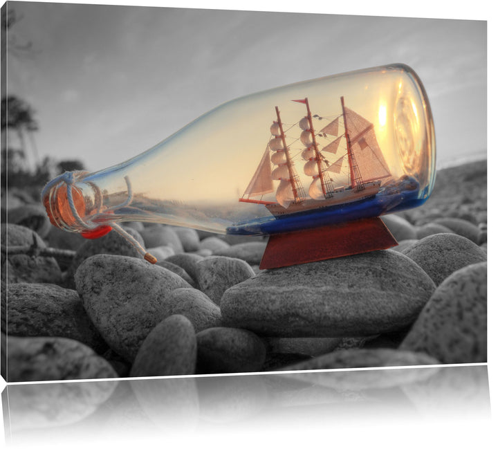 Schiff in Flasche am Steinstrand schwarz/weiss Format: 100x70 auf Leinwand, XXL riesige Bilder ferti
