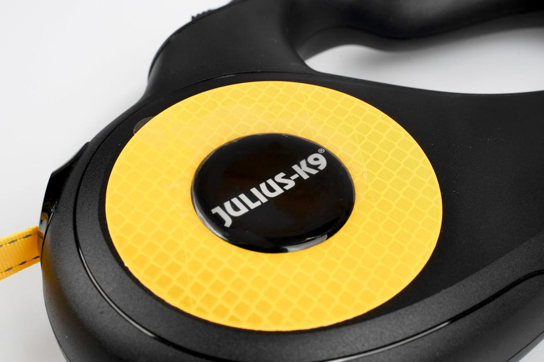 Julius-K9 Rollleine, L - 5 m Band, Schwarz/Neongelb – Rutschfester Griff, Bandleine, ausziehbar, Ein