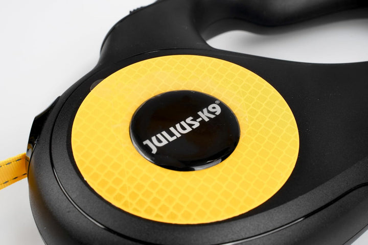 Julius-K9 Rollleine, L - 5 m Band, Schwarz/Neongelb – Rutschfester Griff, Bandleine, ausziehbar, Ein