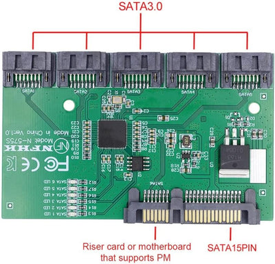 xiwai SATA HUB Ports 3.0 6Gbps 1 auf 5 Splitter Adapter Konverter PM Multiplier Port Selector JMB575