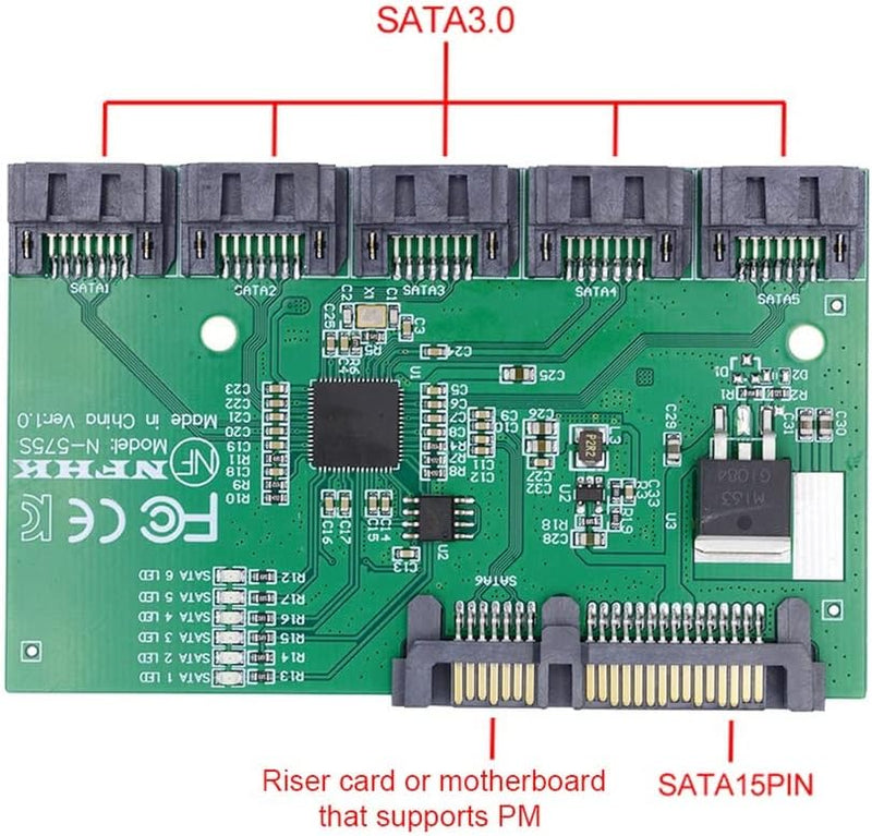 xiwai SATA HUB Ports 3.0 6Gbps 1 auf 5 Splitter Adapter Konverter PM Multiplier Port Selector JMB575