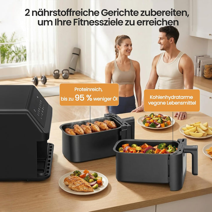 LLIVEKIT 9L Heissluftfritteuse 2 Kammern, Airfryer 2x 4,5L Dual Zone mit 4D Heissluftzirkulation, 95