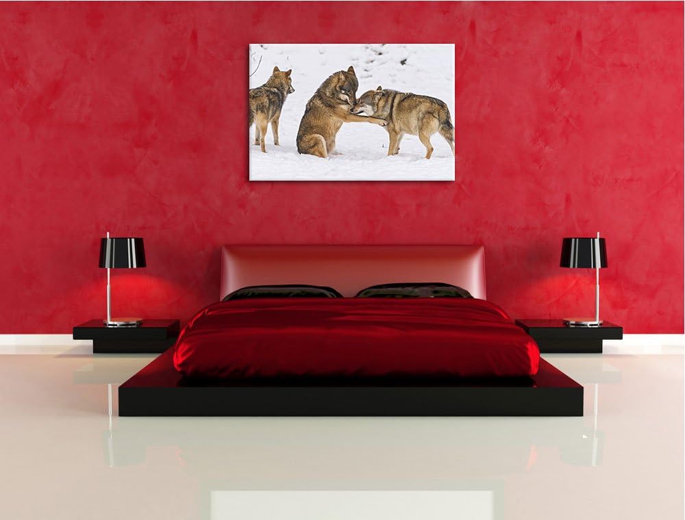 Pixxprint spielendes Wolfsrudel auf Leinwand, XXL riesige Bilder fertig gerahmt mit Keilrahmen, Kuns