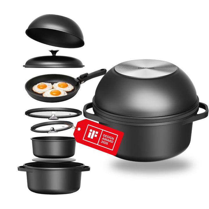 Essential Topf und Pfannenset 8-teilig Induktion, Abnehmbarer Griff, Stapelbar, Platzsparend, Backof