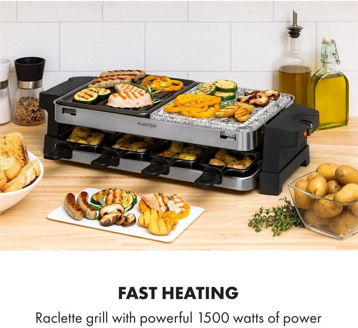 Klarstein Sirloin Raclette-Grill, 1500 Watt, 2-in-1: Aluminium-Grillplatte &amp; Natursteinplatte, Edels