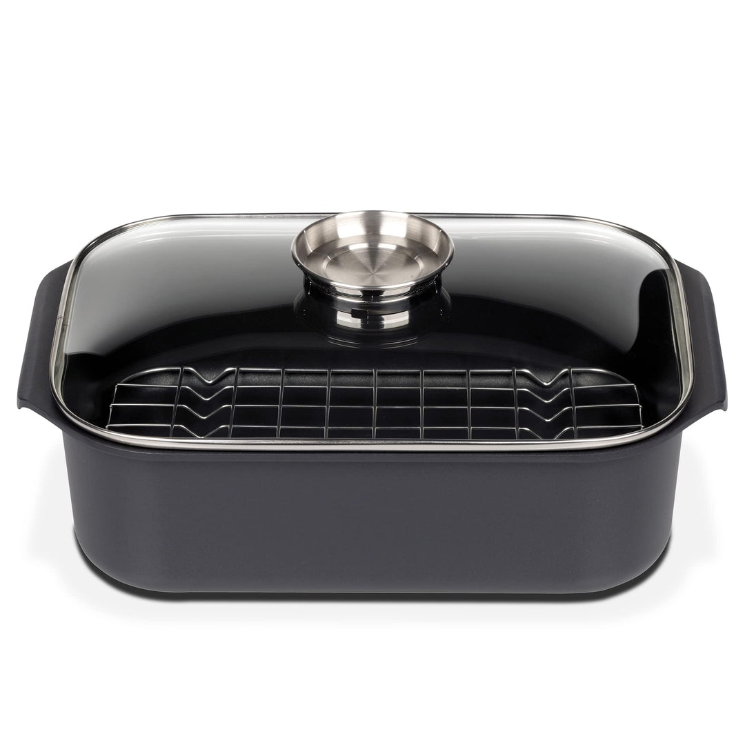 GSW Rechteckbräter Gourmet mit Aroma-Glasdeckel und Grilleinsatz, Aluguss, Schwarz, ø ca. 40 x 26 x