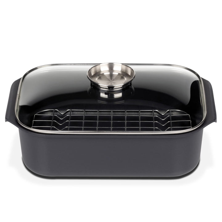 GSW Rechteckbräter Gourmet mit Aroma-Glasdeckel und Grilleinsatz, Aluguss, Schwarz, ø ca. 40 x 26 x