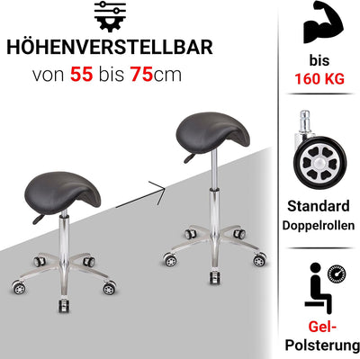 Staboos Rollhocker bis 160 kg - Sattelsitz mit Gel Polster - Praxishocker mit Rollen - Drehhocker hö