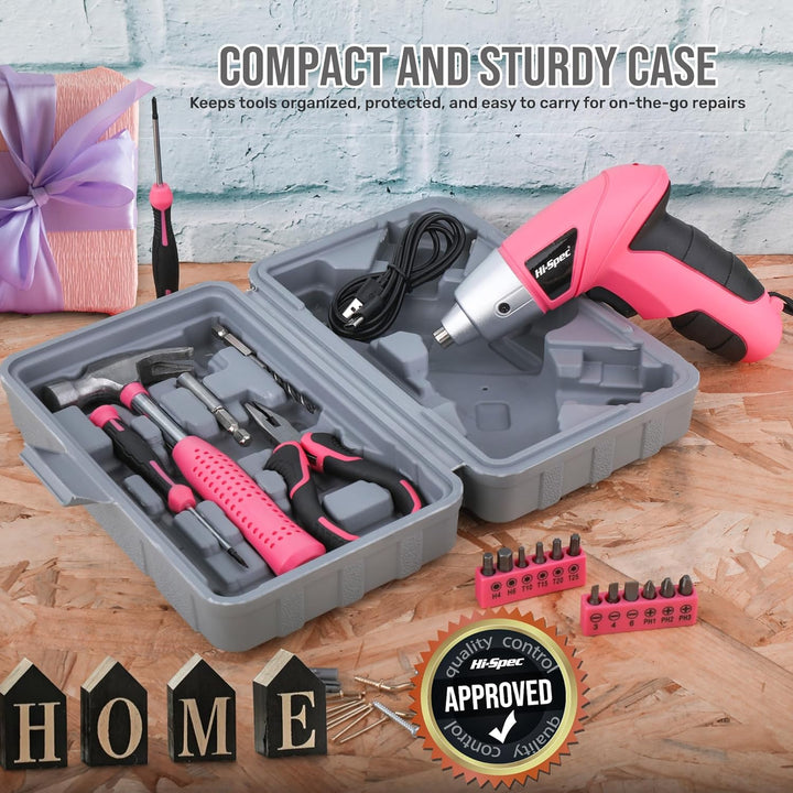 Hi-Spec kleiner Werkzeugkoffer gefüllt für Frauen mit Hammer, Zange, Bit Set und Pinken Akkuschraube