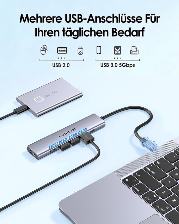 LENTION USB C Hub mit 100W PD Aufladung, 4K HDMI, USB 3.0 & 2.0 Adapter auf HDMI, Kompatibel 2025-20