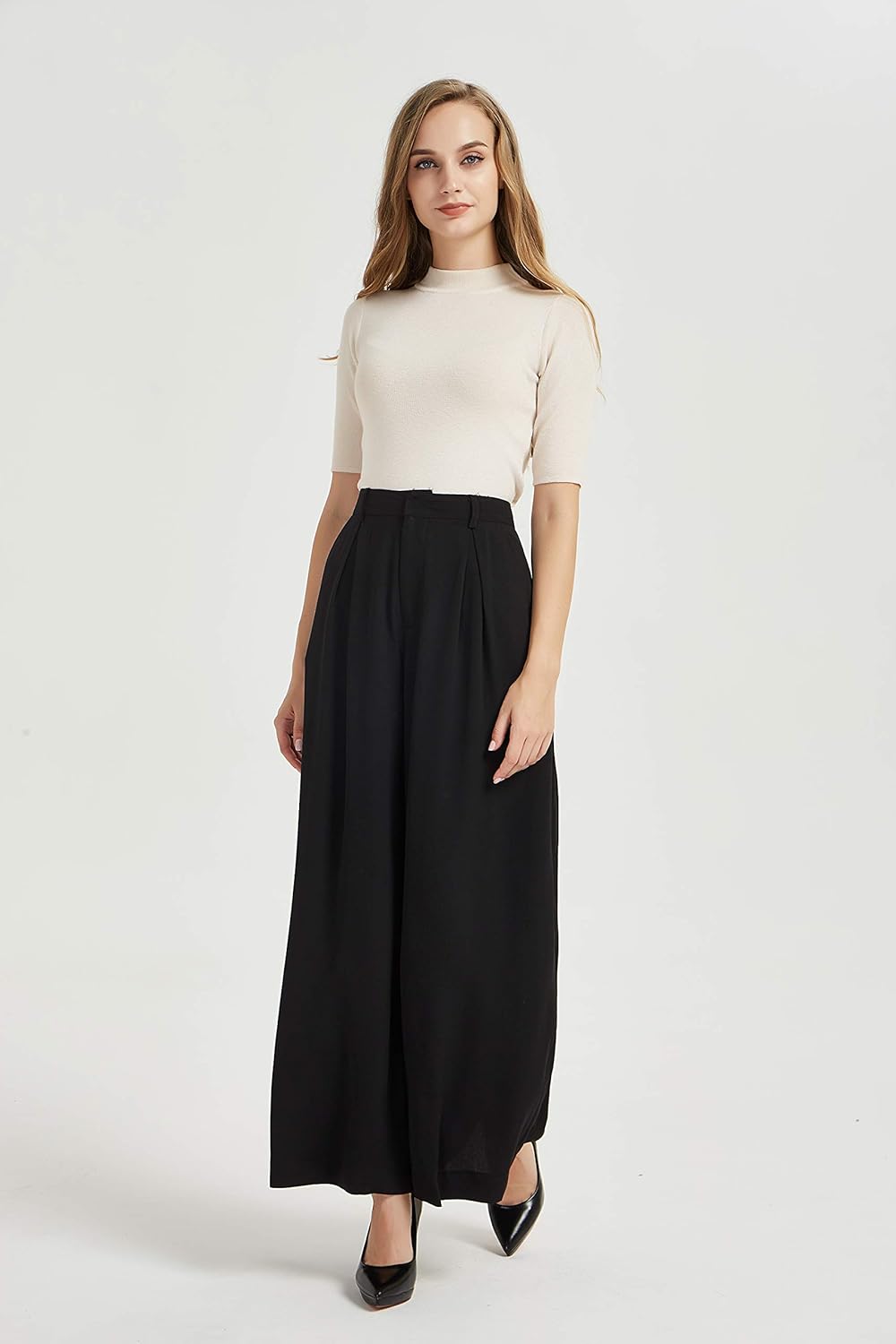 Tronjori Damen Hose Weites Bein Frauen Lange Hose mit Taschen Einfarbig Lose elastische Hohe Taille