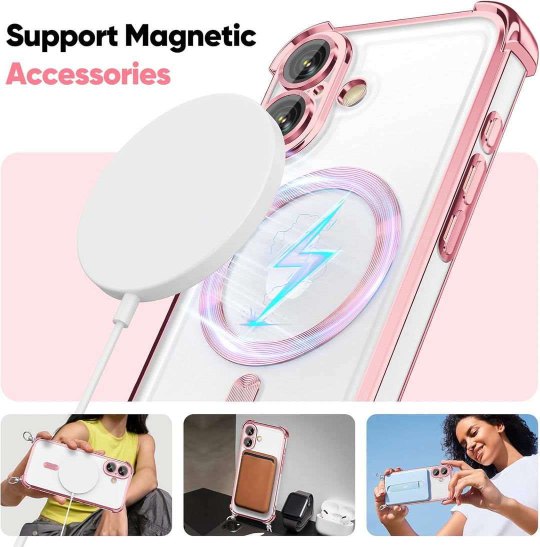 GOODVISH Handykette für iPhone 16 Hülle mit Band Magnetisch, Rosé | mit 2 Stück Schutzfolie, mit Kam