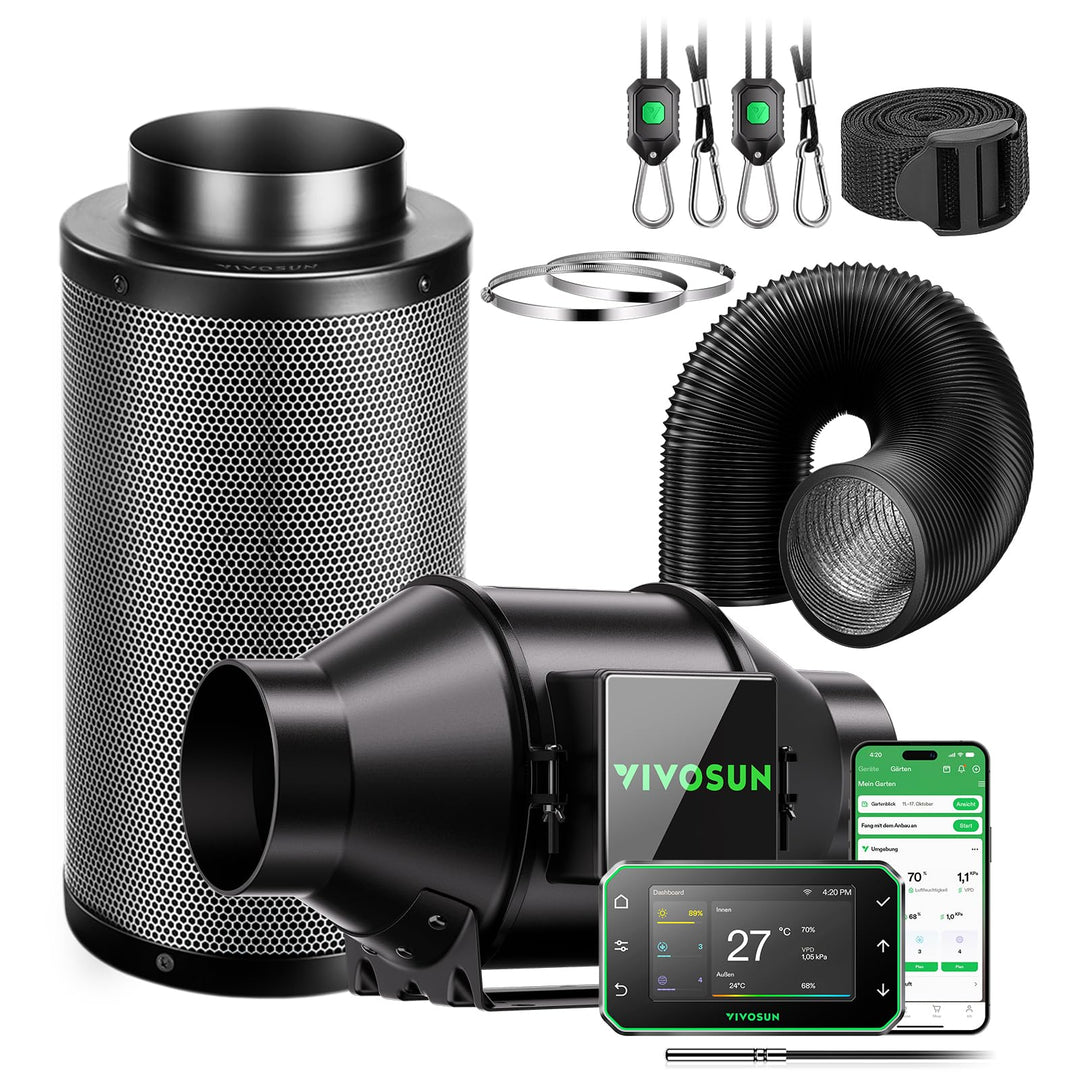 VIVOSUN Abluftset Rohrventilator 100mm AeroZesh G4 mit GrowHub E42A+, VPD-, Temp- und Feuchte-WiFi-C