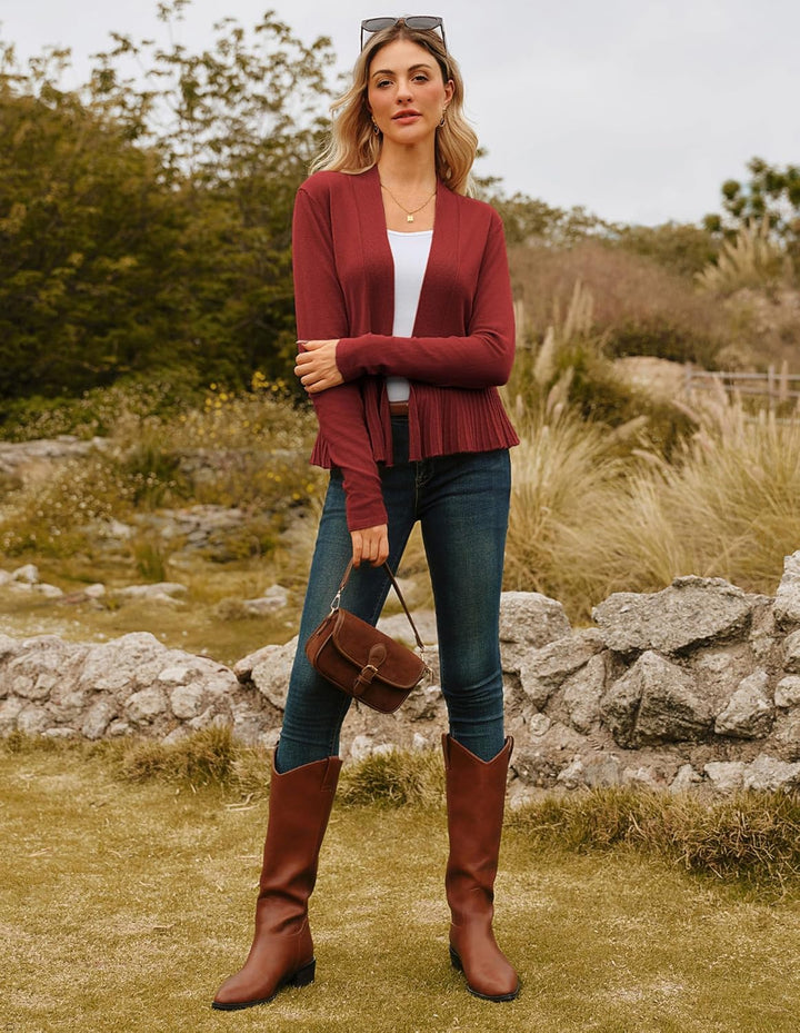 GRACE KARIN Damen Strickjacke Leicht Lange Ärmel Candigan offene Vorderseite Bolero mit Raffung Eleg