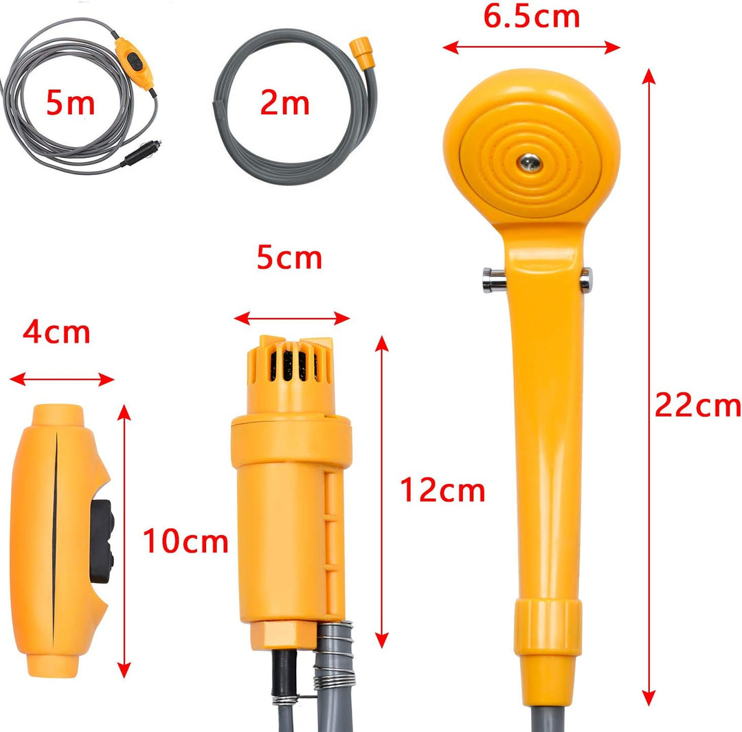 Froadp 12V Campingdusche mit Tauchpumpe, Tragbare Gartendusche inkl. 2m Schlauch und 5m Stromkabel,