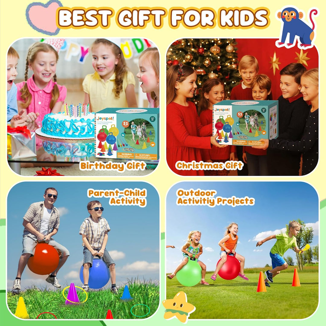 JOY SPOT! 5 in 1 Outdoor Spiele für Kinder, 53 Stück Indoor Spiezeug, 45cm Hüpfbälle &amp; Ringwurfspiel