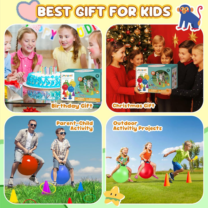JOY SPOT! 5 in 1 Outdoor Spiele für Kinder, 53 Stück Indoor Spiezeug, 45cm Hüpfbälle &amp; Ringwurfspiel