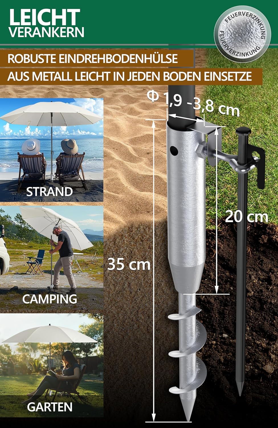 4smile Sonnenschirm Strand 3-in-1 Set, Ø 180 cm, Beige, Strandschirm Windfest Stabil, UV50 Sonnensch