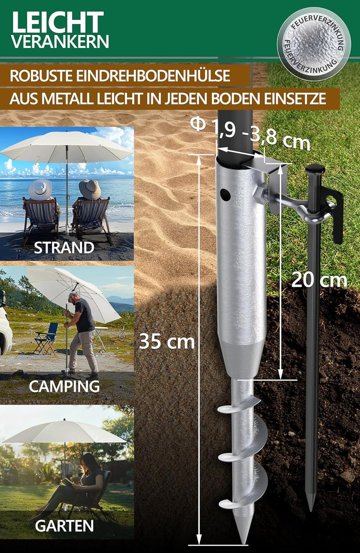 4smile Sonnenschirm Strand 3-in-1 Set, Ø 180 cm, Beige, Strandschirm Windfest Stabil, UV50 Sonnensch