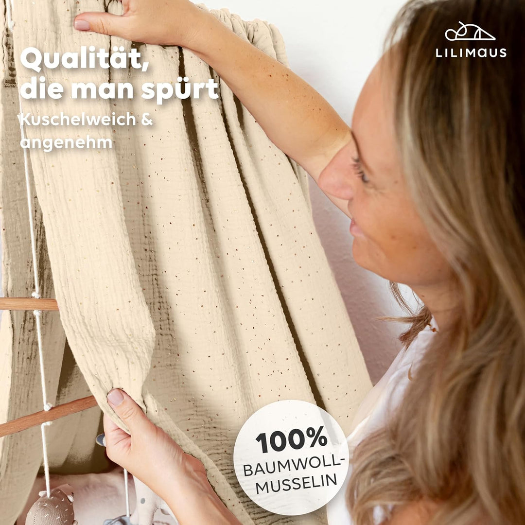 Betthimmel Babybett mit Goldapplikationen [in 12 Farben] Himmel Babybett aus 100% Baumwolle Musselin