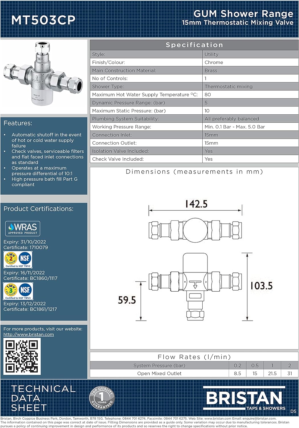 Bristan MT503CP TMV3 Thermostat-Mischventil für Waschbecken, mit 15 mm Einlassanschlüssen, Chrome, S
