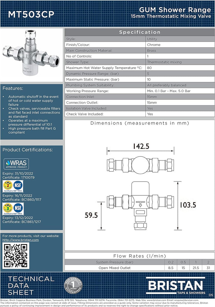 Bristan MT503CP TMV3 Thermostat-Mischventil für Waschbecken, mit 15 mm Einlassanschlüssen, Chrome, S