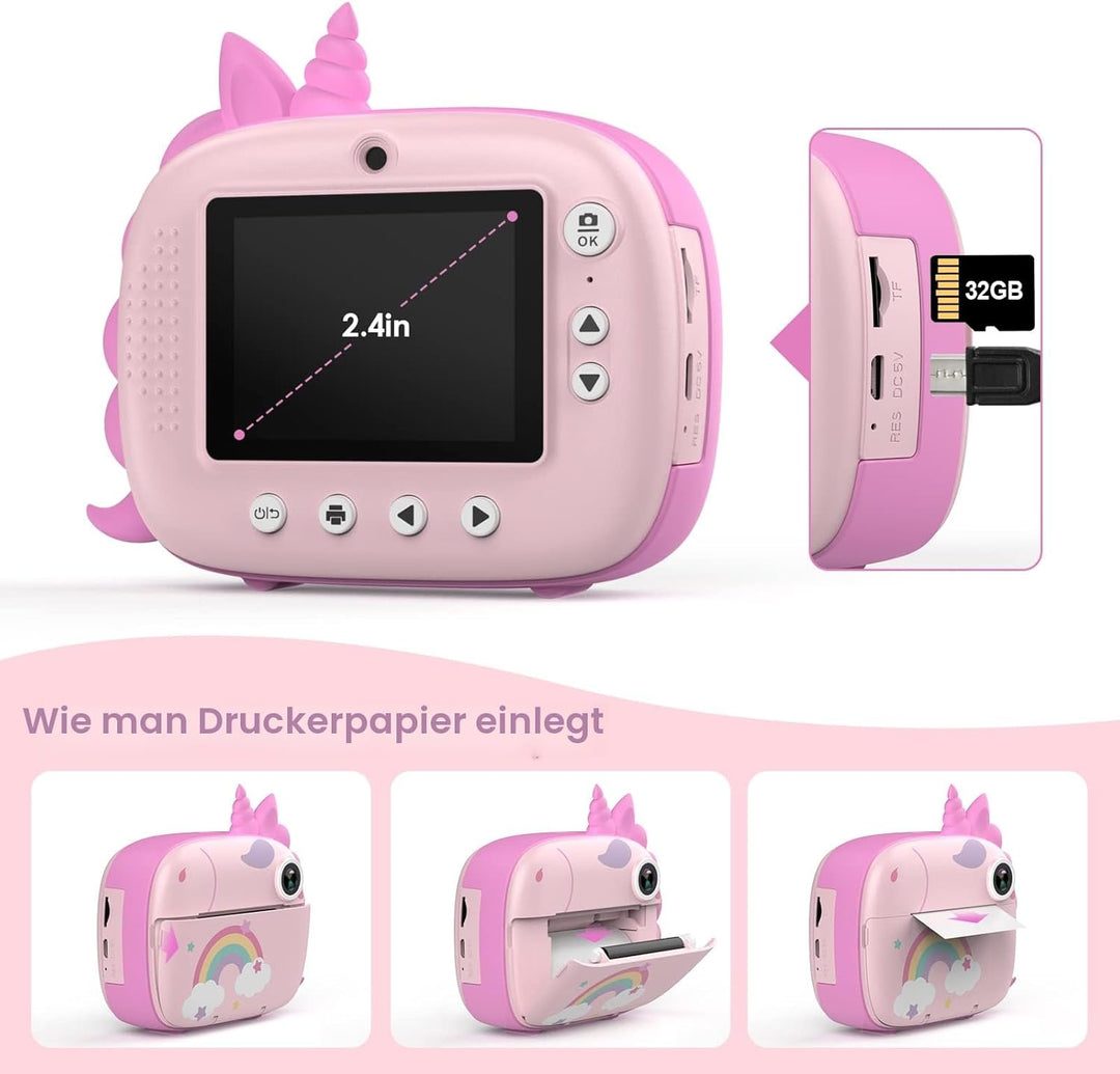 HiMont Kinderkamera Sofortbildkamera, Digitalkamera für Kinder mit Druckpapier &amp; 32G TF Karte, Video