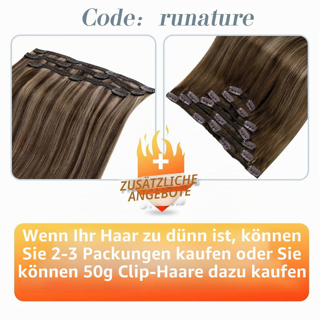 RUNATURE Clip in Extensions Echthaar Balayage Braun 30cm Gerade Echthaar Extensions Clip Braun Ombre