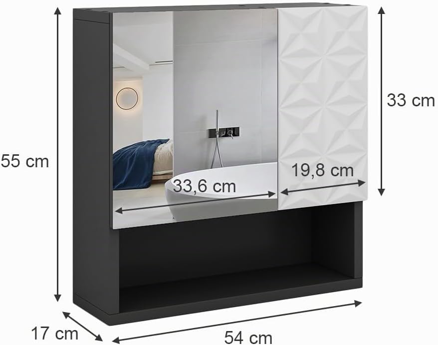 Vicco Bad Spiegelschrank Edge, Schwarz/Weiss, 54 x 55 cm mit Tür und offenen Fächern Schwarz Spiegel