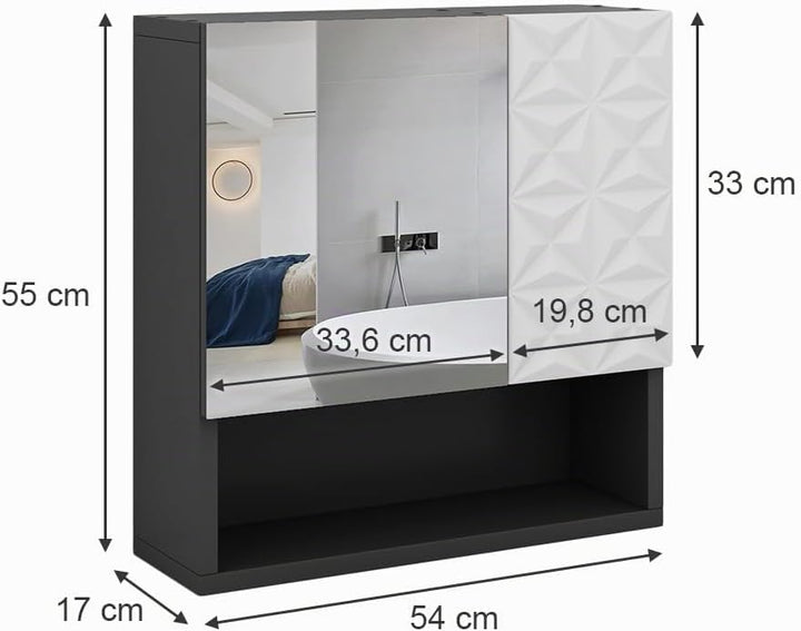 Vicco Bad Spiegelschrank Edge, Schwarz/Weiss, 54 x 55 cm mit Tür und offenen Fächern Schwarz Spiegel