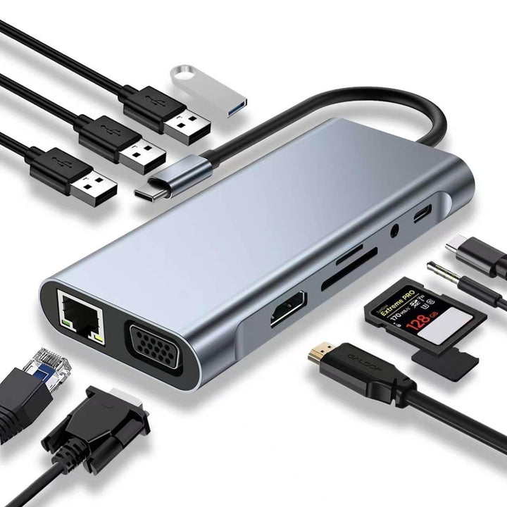 USB C HUB, Docking Station, 11-in-1 USB C Adapter mit 4K-HDMI, VGA, USB 3.0 Port, Type C PD, Etherne