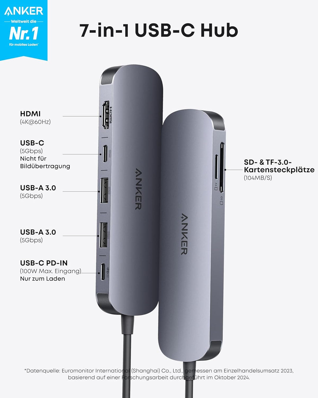 Anker 7-in-1 USB-C Hub mit 4K@60Hz HDMI, 85W Power Delivery, USB-A/C-3.0-Ports und SD/microSD-Karten