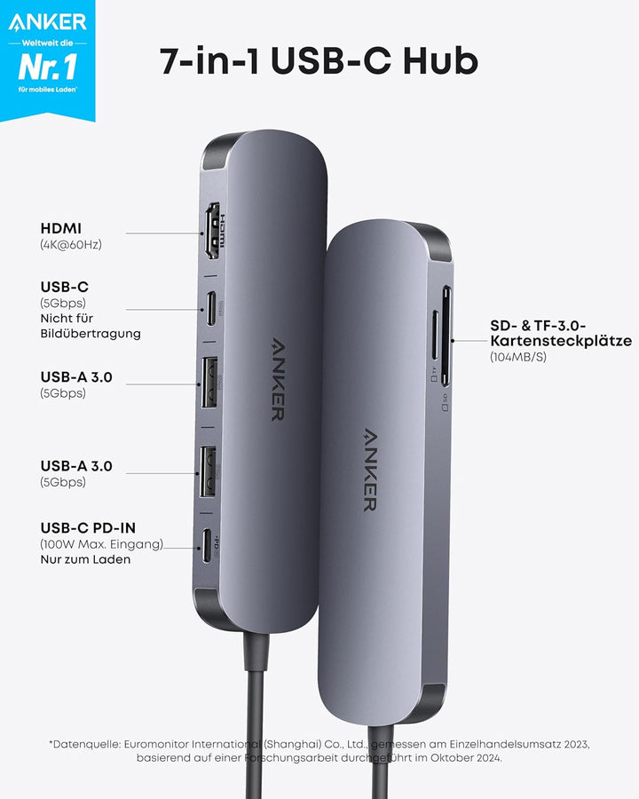 Anker 7-in-1 USB-C Hub mit 4K@60Hz HDMI, 85W Power Delivery, USB-A/C-3.0-Ports und SD/microSD-Karten