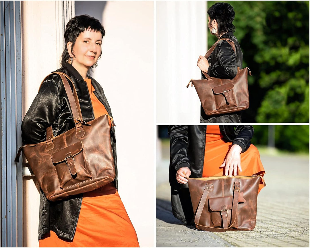 LECONI Shopper gross Henkeltasche Damentasche Rindsleder vintage Ledertasche Damen Schultertasche 38