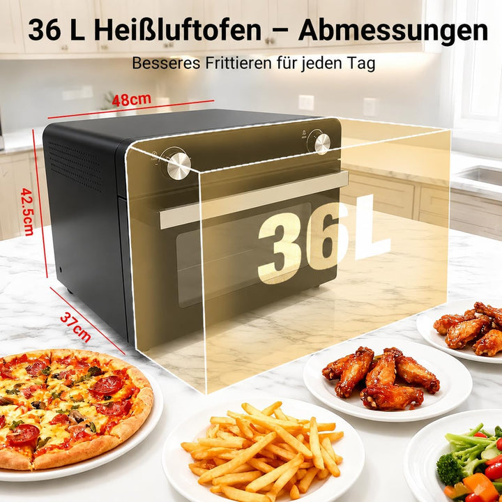 Luftfritteurofen mit Drehspiess – Tischkonvektionstosterofen 36L Grosse Heissluftfritteuse mit Rotis