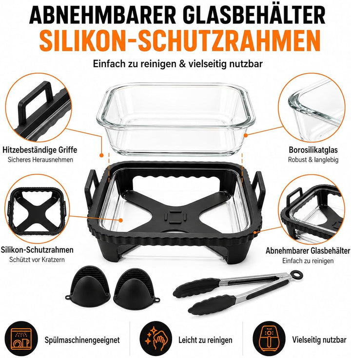 Glas Auflaufform Airfryer für Cosori TurboBlaze 6L &amp; Iconic Single 6,2L, Schwarz1, Schwarz1