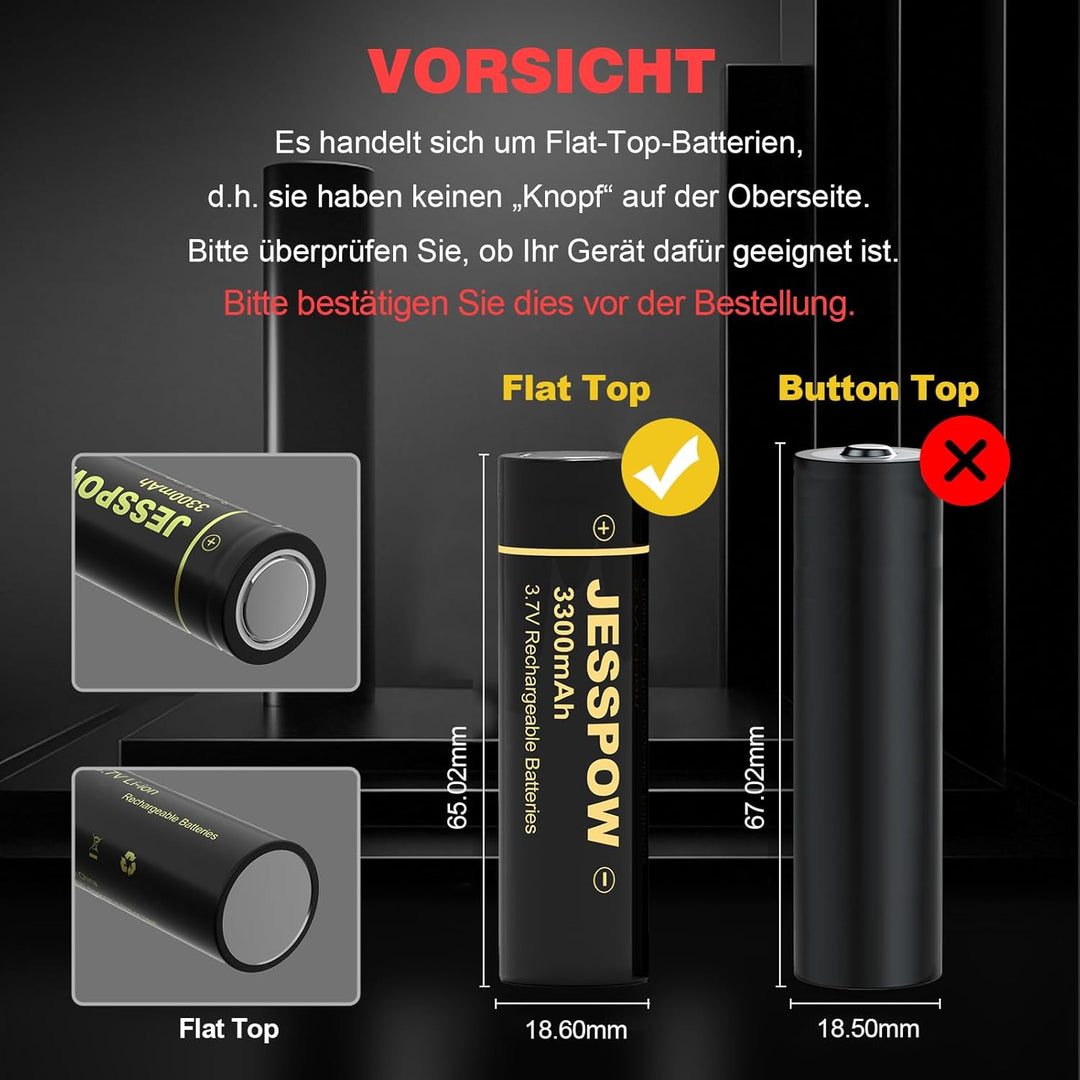 3,7V Wiederaufladbare Akku 4 Stück, 3300mAh Batterien 3,7 Volt für Taschenlampe, Scheinwerfer, Ferng