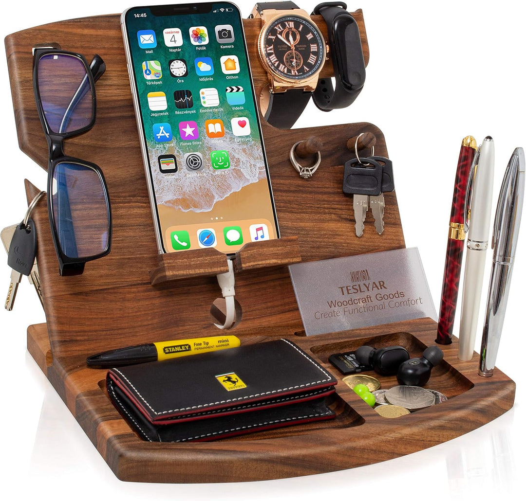 TESLYAR Holz Telefon Dockingstation Nussbaum Geldbörsenständer Schlüsselhalter & Uhren Organisator H