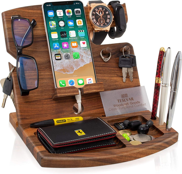 TESLYAR Holz Telefon Dockingstation Nussbaum Geldbörsenständer Schlüsselhalter & Uhren Organisator H