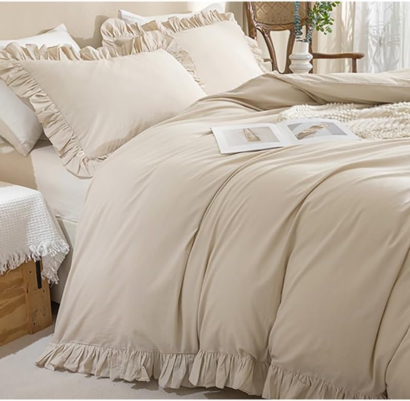 AShanlan Bettwäsche Rüschen 135x200 Beige Uni Einfarbig Romantisch Rüschenbettwäsche Set 2 Teilig Mi