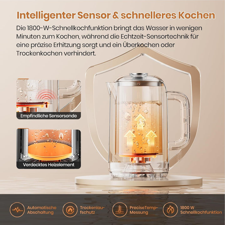 OLEGA Wasserkocher: 1800 W Wasserkocher mit Temperaturregelung, 1,5 l Fassungsvermögen, Edelstahl, S