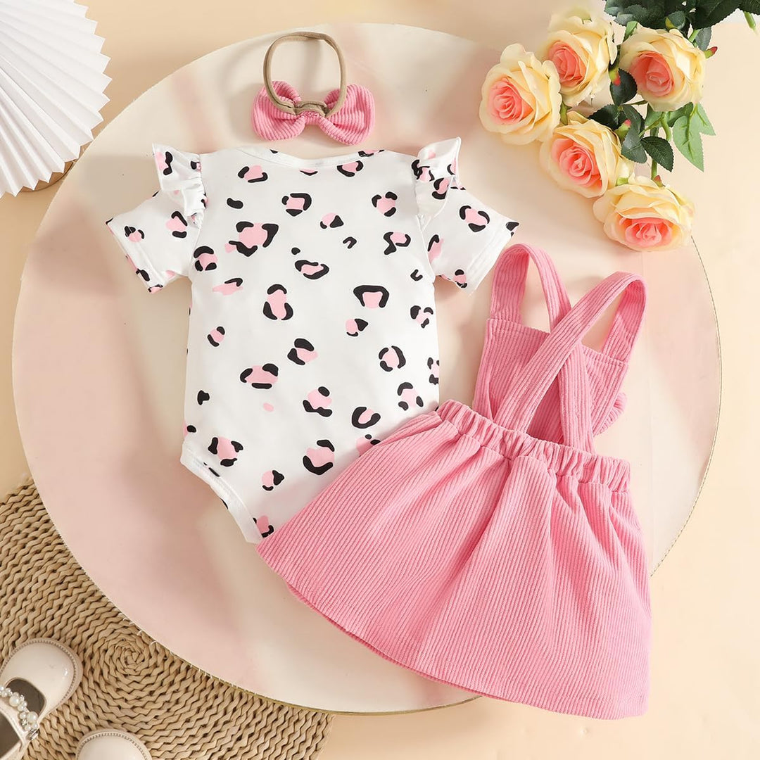 Neugeborenes Baby Mädchen Röcke Sets Kurzarm Rüschen Top + Bedrucktes Overalls Hosenträger Kleid + S