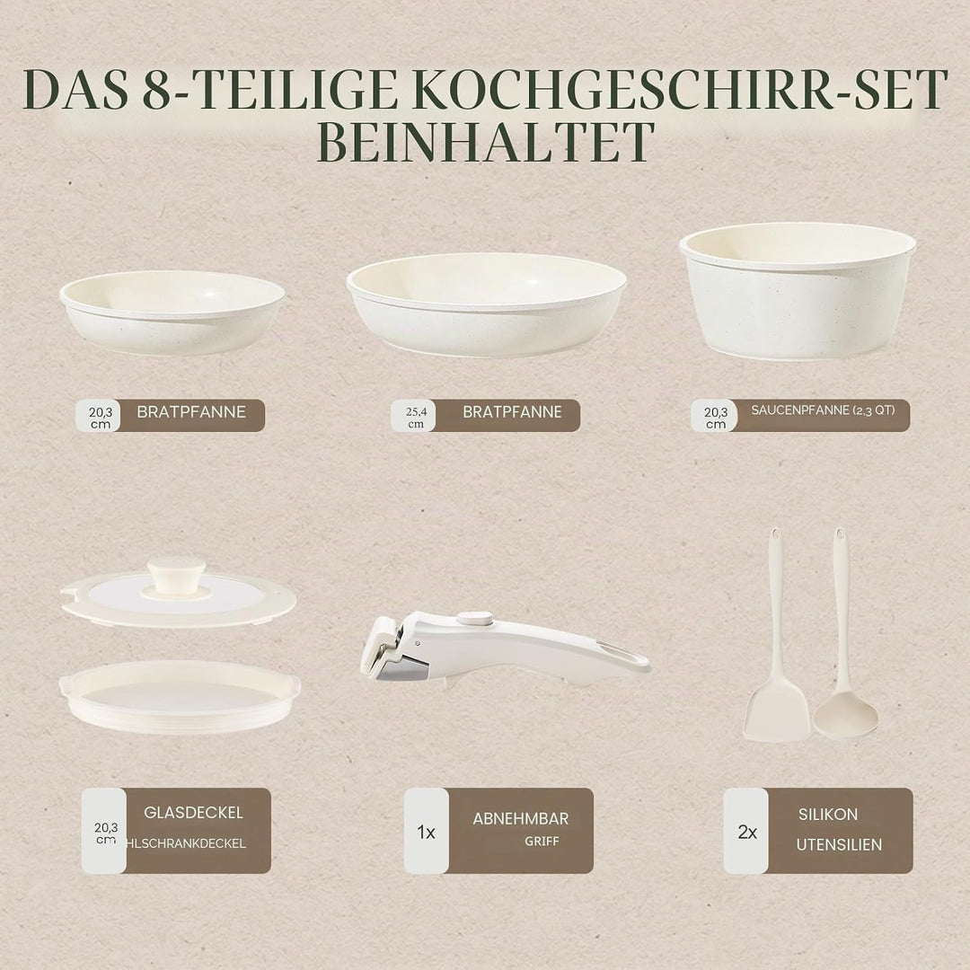 Keramik Topfsets Pfannenset 8 Teilig mit Abnehmbaren Griffen induktionsgeeignet mit Bratpfannen ofen