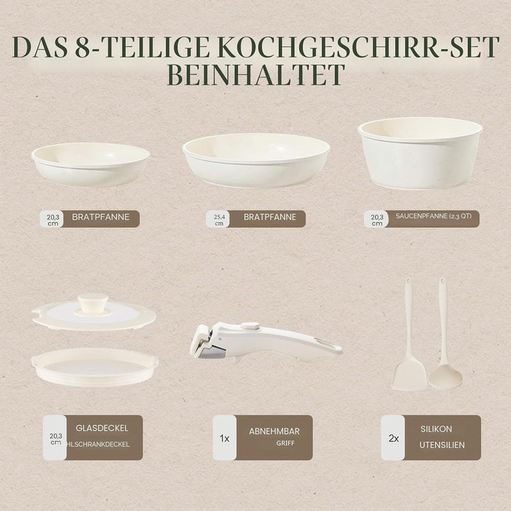 Keramik Topfsets Pfannenset 8 Teilig mit Abnehmbaren Griffen induktionsgeeignet mit Bratpfannen ofen