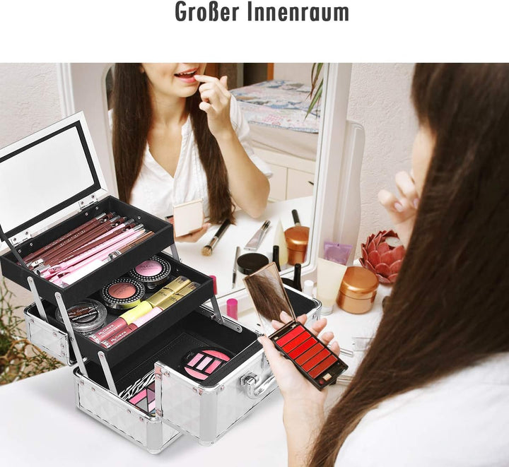 LIFEZEAL Kosmetikkoffer, Schminkkoffer für Reise, Make up Koffer im Rautenmuster, Abschliessbare Bea