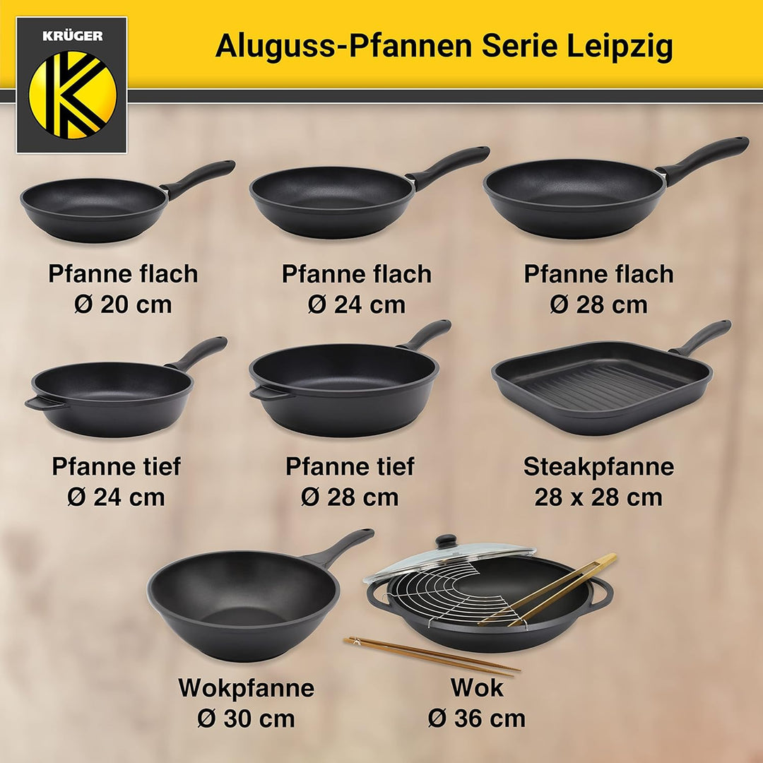 KRÜGER Aluguss-Wok Leipzig mit Glasdeckel und Zubehör 36 cm - Wokpfanne mit Antihaft Versiegelung -